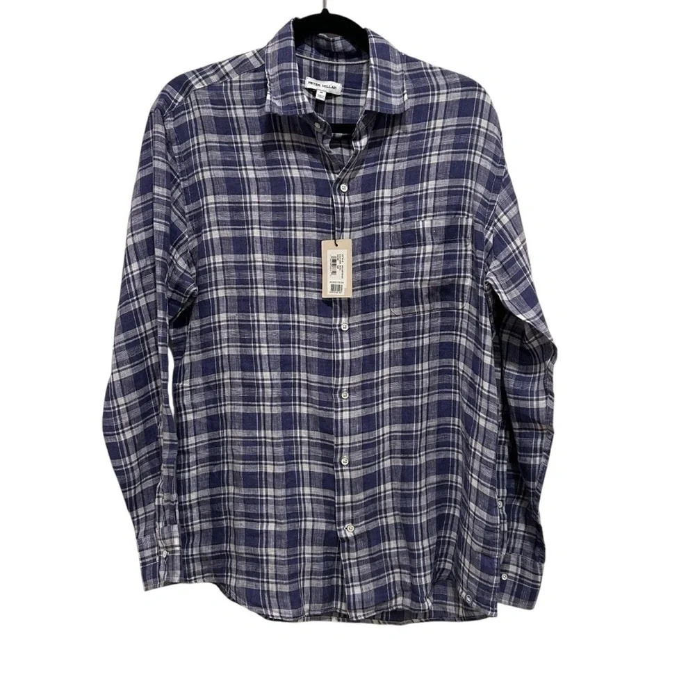 Peter Millar Crown Men's Linen Shirt Size Medium Button Up Check Long Sleeve NWT